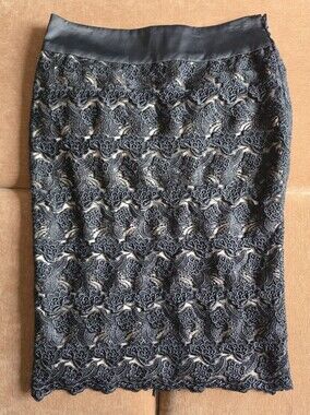 Bebe Floral Lace Satin Waist Pencil Skirt Black Sz 6